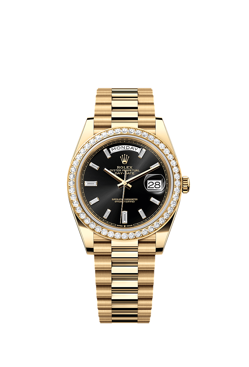 Day-Date 40, Oyster, 40 mm, geelgoud en diamanten, Wijzerplaat : Helderzwart, bezet met diamanten, Rolex