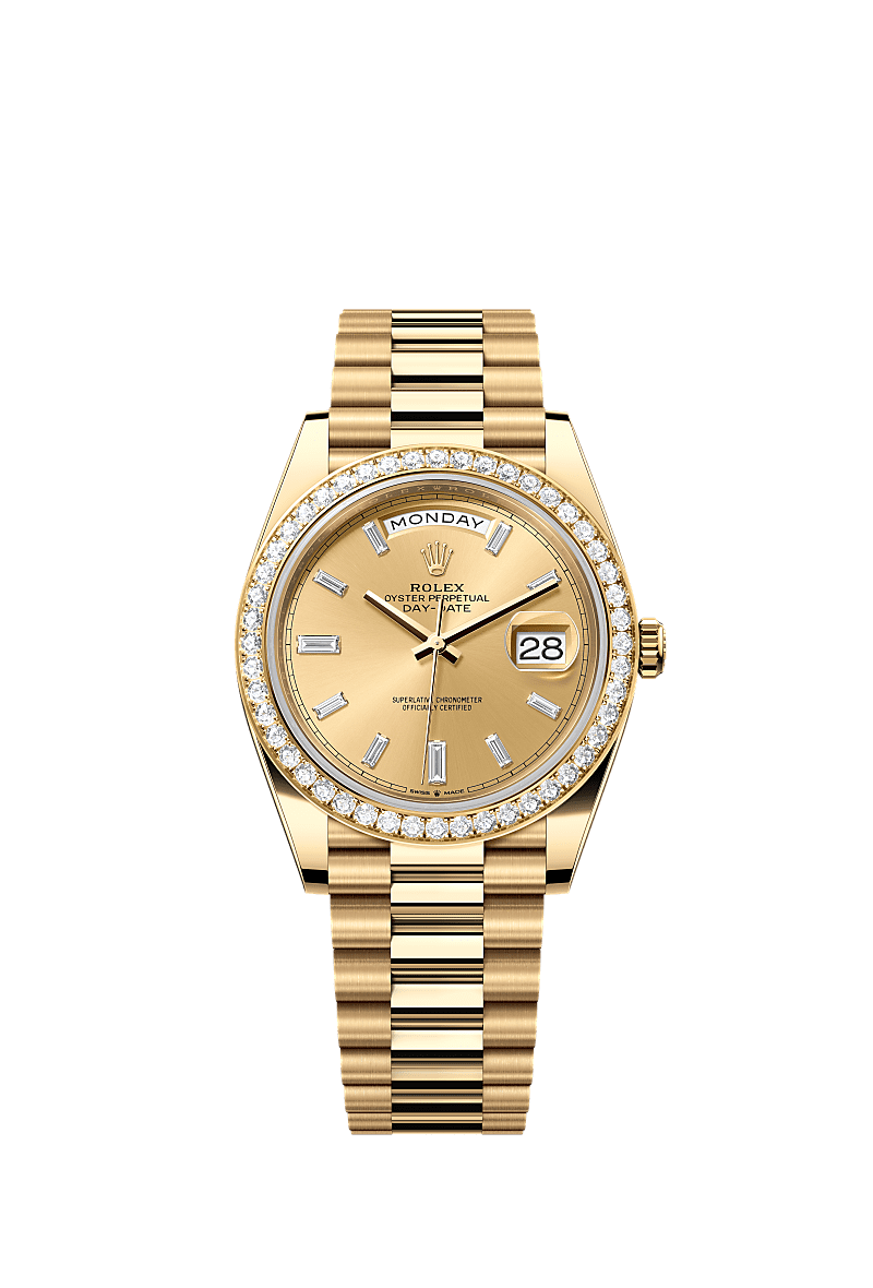 Day-Date 40, Oyster, 40 mm, Gelbgold mit Diamanten, Zifferblatt : Champagnerfarben mit Diamanten, Rolex