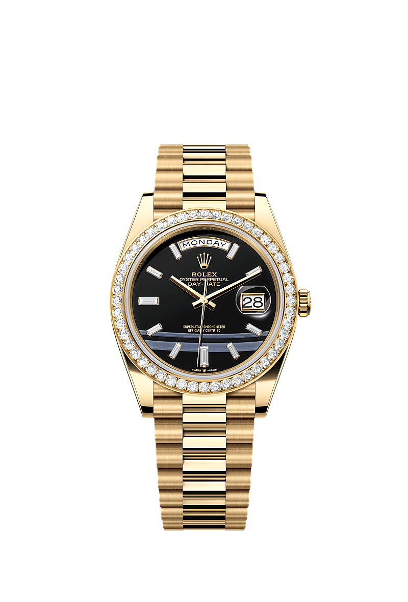 星期日历型 40, 蚝式，40毫米，钻石及黄金, 表盘 : 缟玛瑙，镶钻石, Rolex