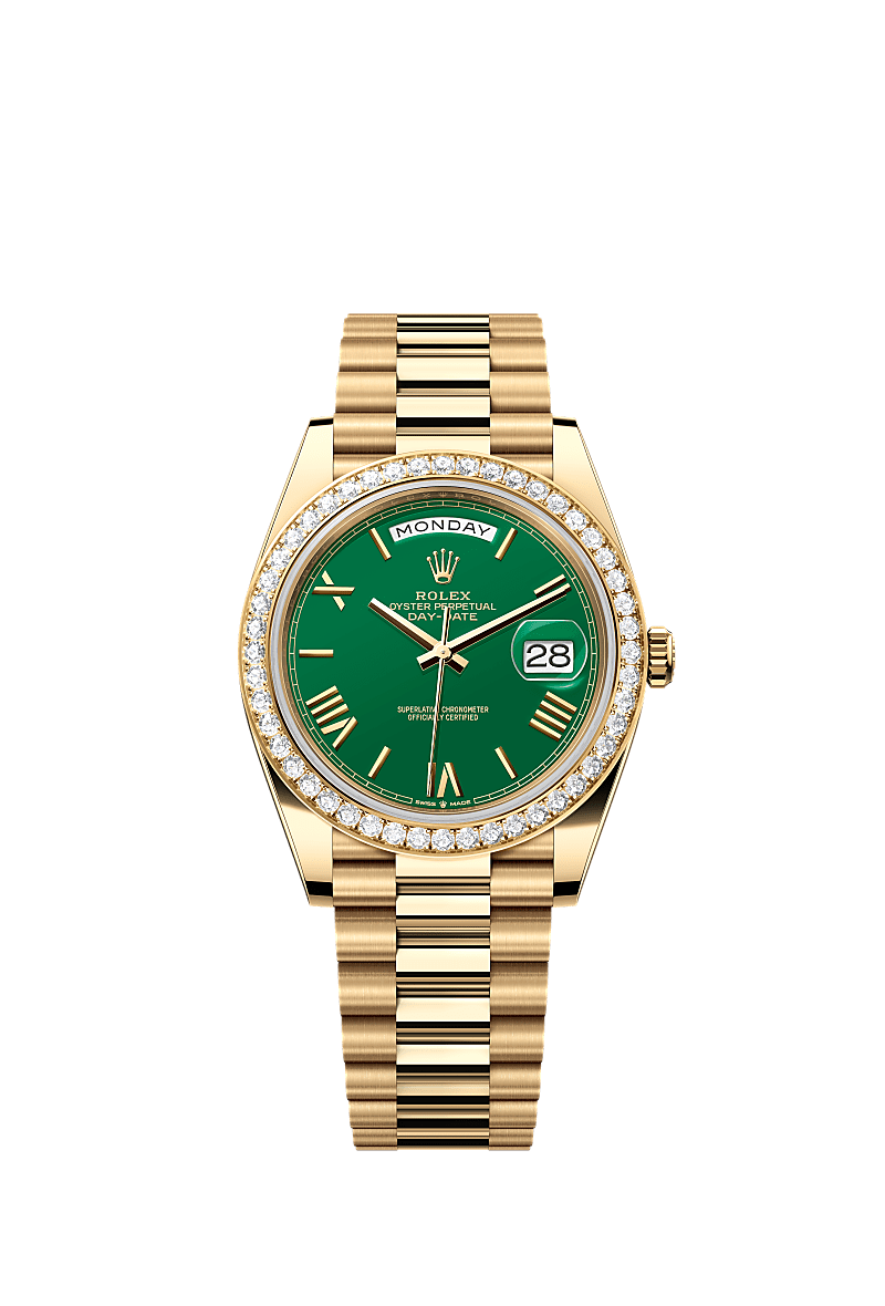 Day-Date 40, Oyster, 40 mm, oro giallo e diamanti, Quadrante : Verde, Rolex