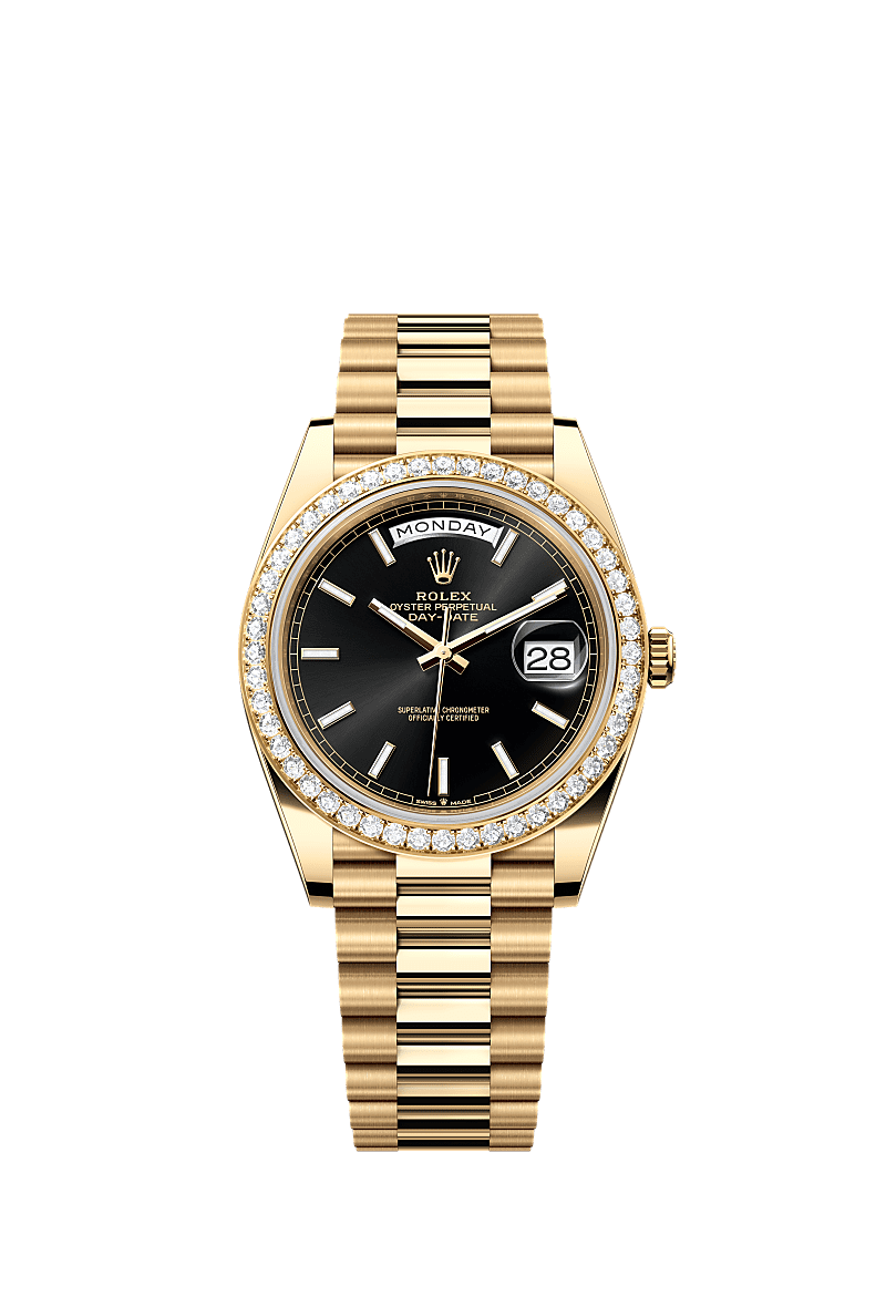 Day-Date 40, Oyster, 40 mm, oro giallo e diamanti, Quadrante : Nero vivo, Rolex