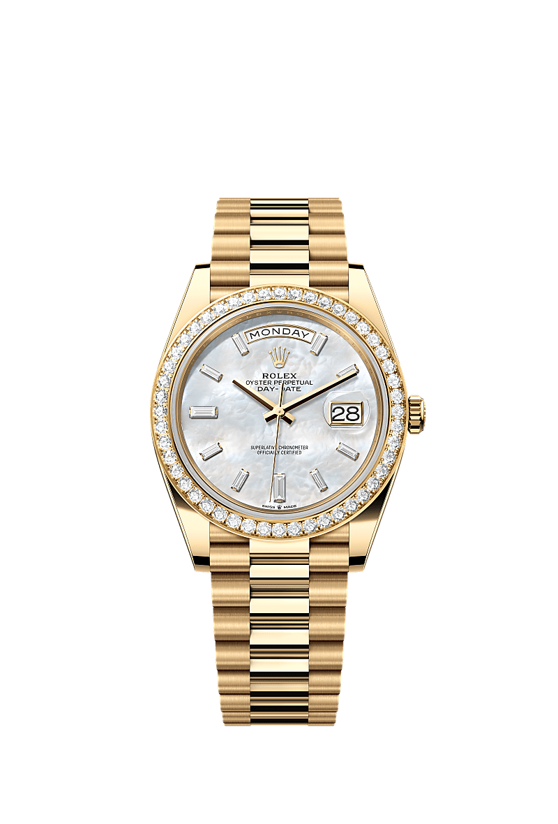 Day-Date 40, Oyster, 40 mm, yellow gold and diamonds, Dial : White mother-of-pearl set with diamonds, Rolex