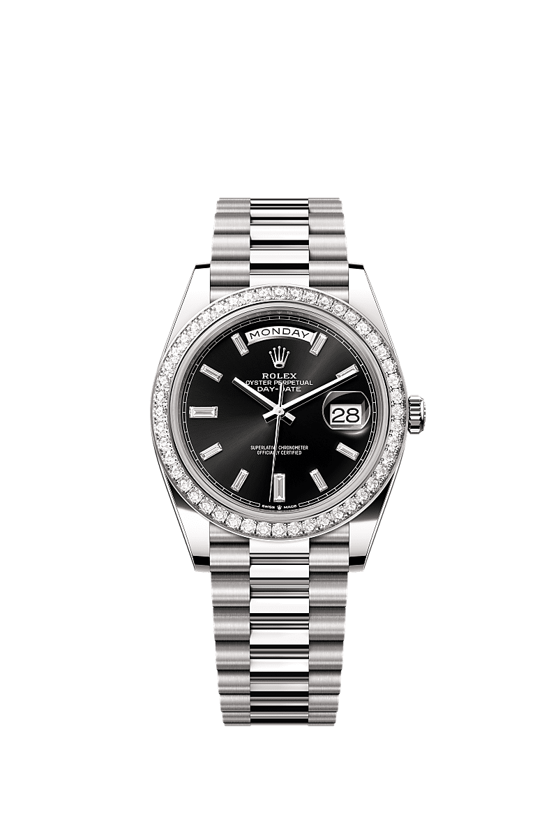 Day-Date 40, Oyster, 40 mm, witgoud en diamanten, Wijzerplaat : Helderzwart, bezet met diamanten, Rolex