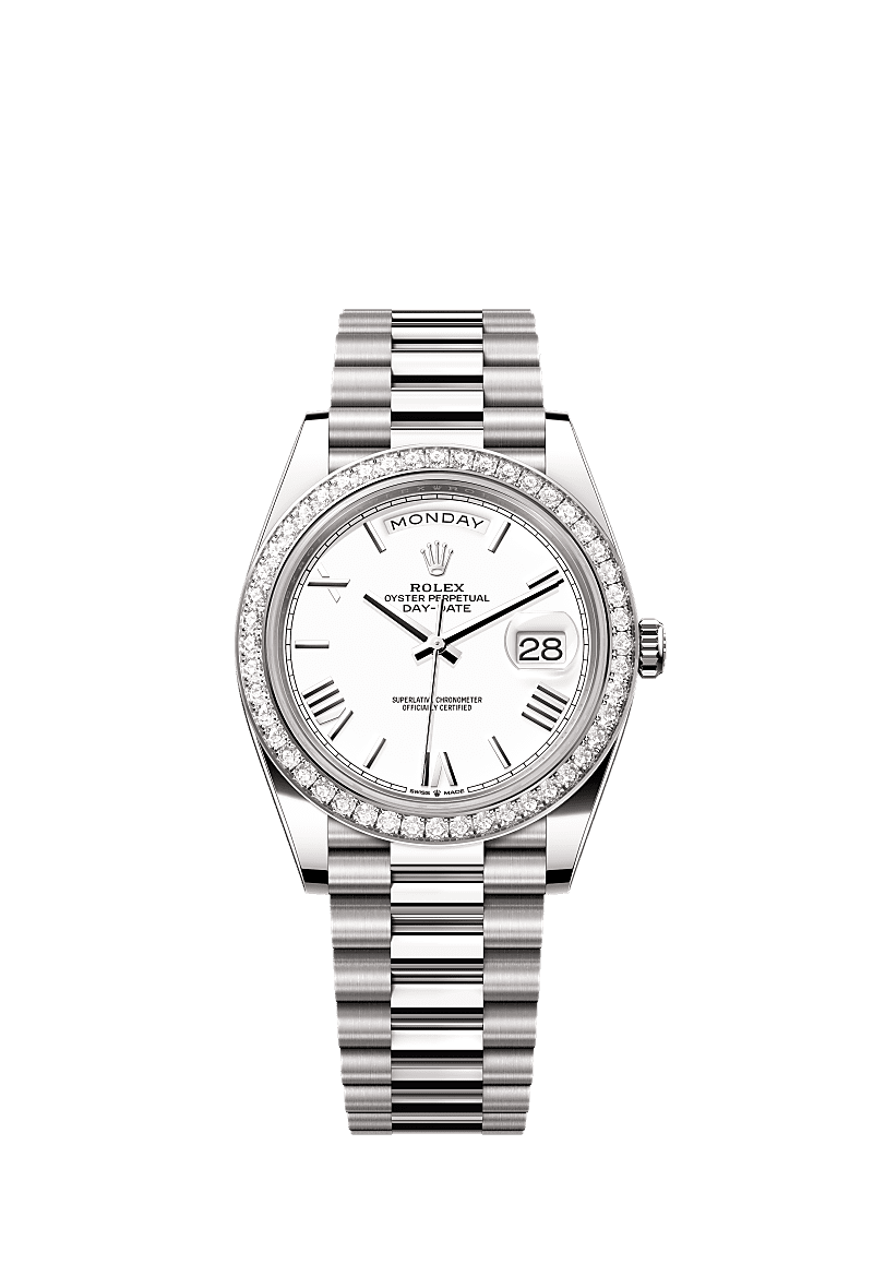 Day-Date 40, Oyster, 40 mm, witgoud en diamanten, Wijzerplaat : Wit, Rolex