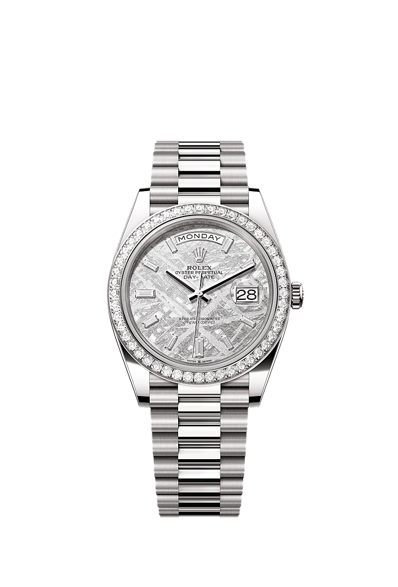 Day-Date 40, Oyster, 40 mm, oro blanco y diamantes, Esfera : Meteorito engastada de diamantes, Rolex