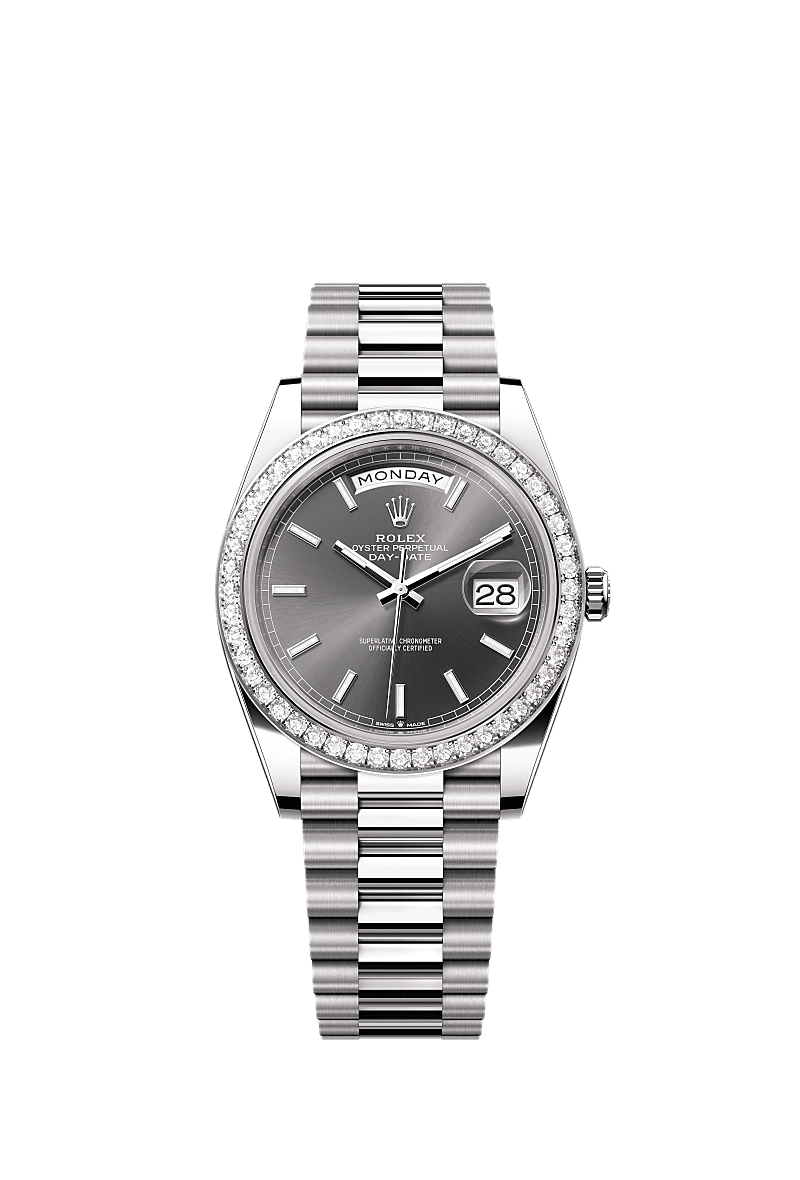Day-Date 40, Oyster, 40 mm, emas putih dan berlian, Permukaan : Batu loh, Rolex