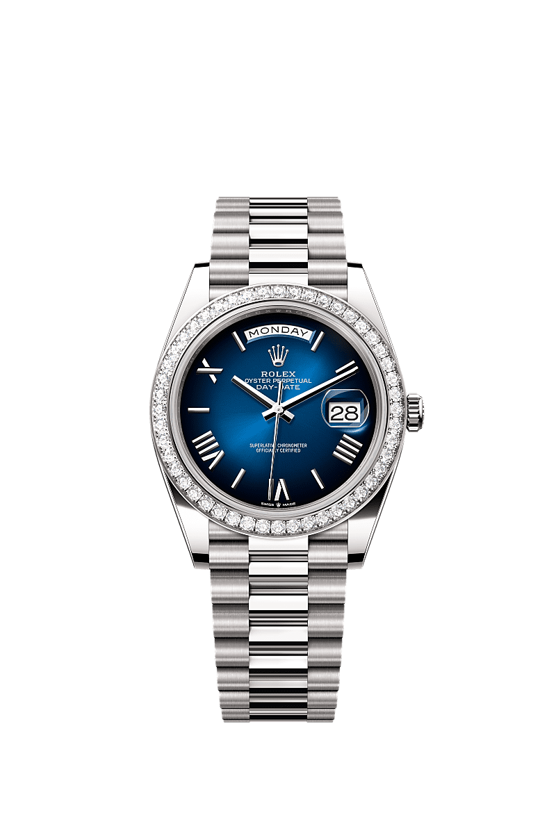 星期日历型 40, 蚝式,40毫米,钻石及白色黄金, 表盘 : 渐变蓝色, Rolex
