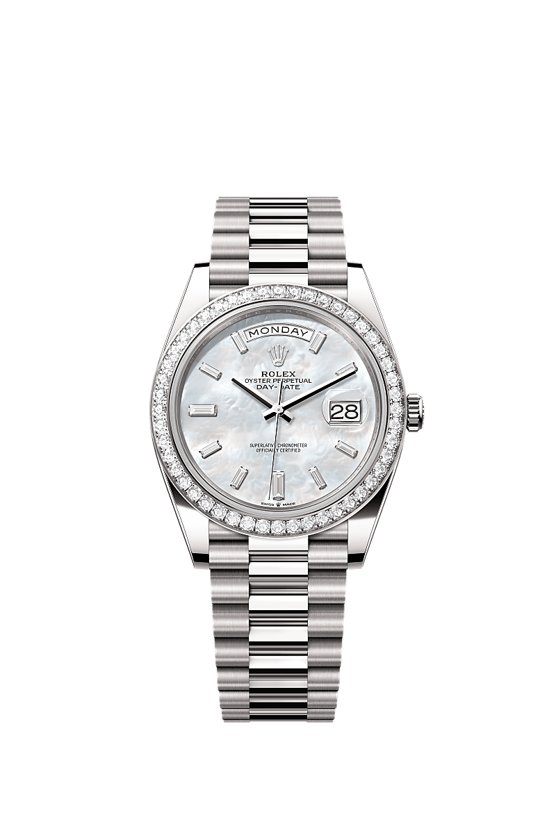 Day-Date 40, Oyster, 40 mm, witgoud en diamanten, Wijzerplaat : Wit parelmoer, bezet met diamanten, Rolex