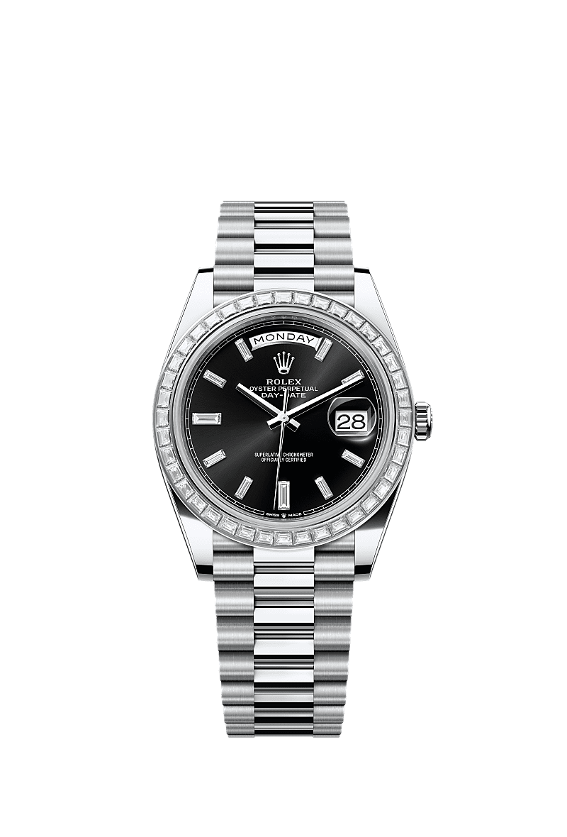 Day-Date 40, Oyster, 40 mm, platin ve pırlanta, Kadran : Pırlantalı parlak siyah, Rolex