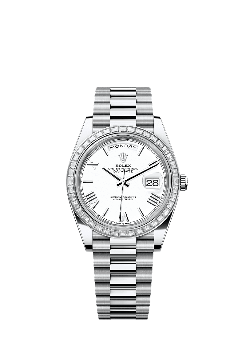 Day-Date 40, Oyster, 40 mm, platina e diamantes, Mostrador : Branco, Rolex