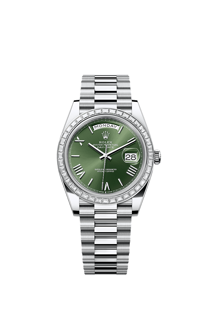 星期日历型 40, 蚝式，40毫米，钻石及铂金, 表盘 : 橄榄绿色, Rolex
