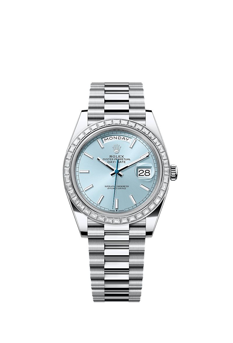 Day-Date 40, Oyster, 40 mm, platino e diamanti, Quadrante : Blu ghiaccio, Rolex
