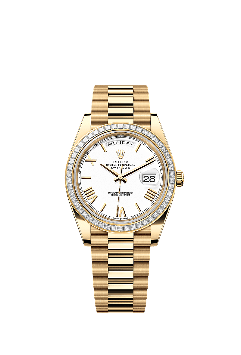 Day-Date 40, Oyster, 40 mm, geelgoud en diamanten, Wijzerplaat : Wit, Rolex