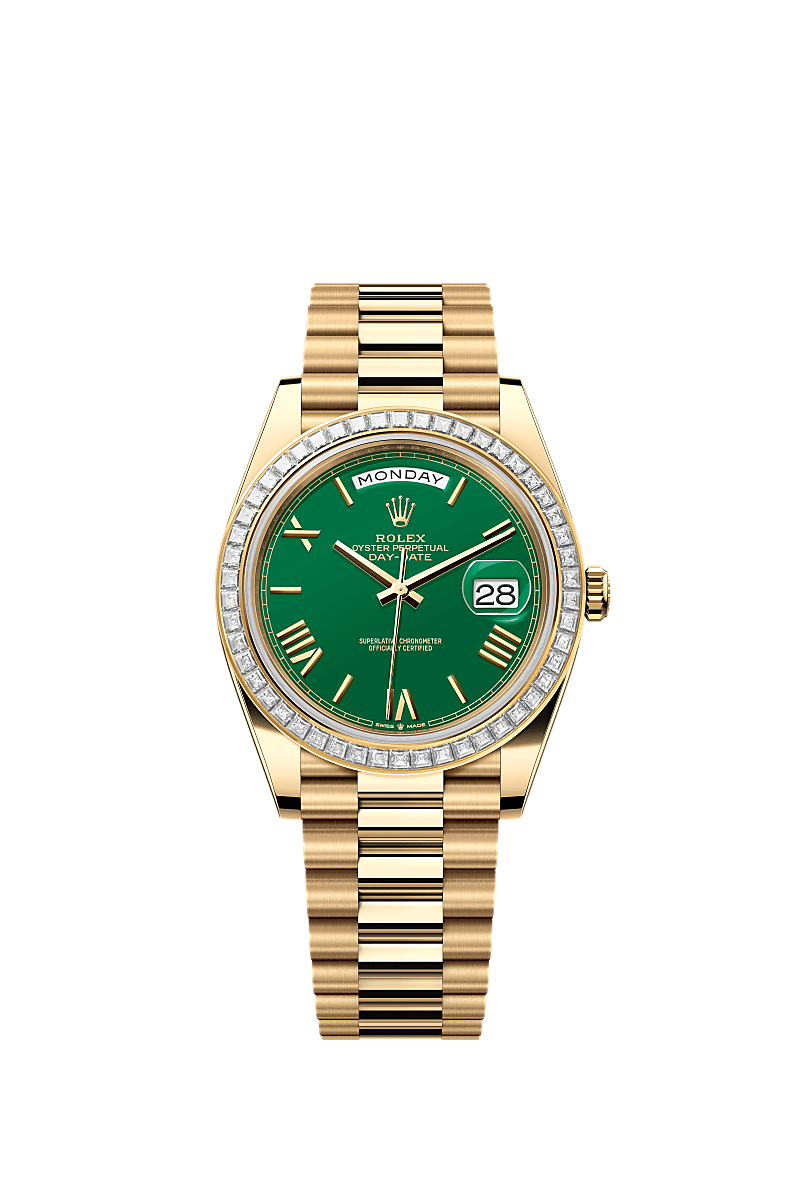 Day-Date 40, 蠔式,40毫米,鑽石及黃金, 錶面 : 綠色, Rolex