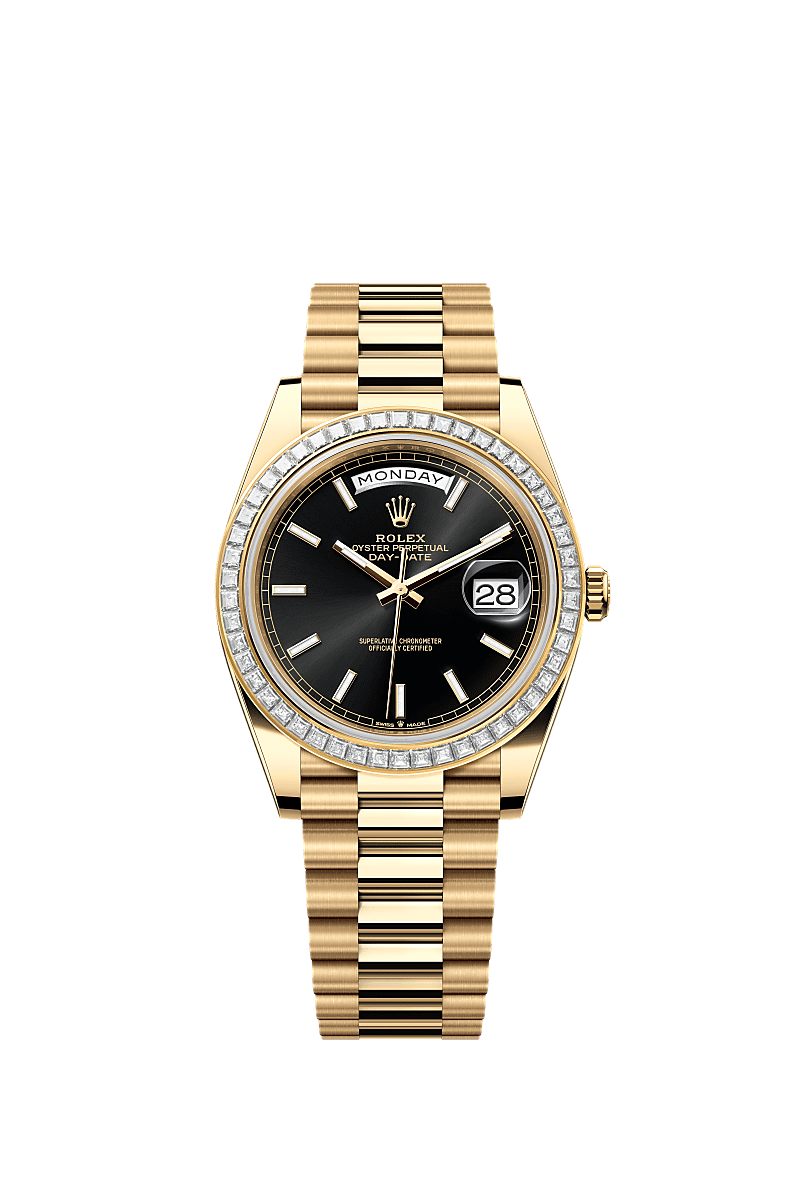 Day-Date 40, Oyster, 40 mm, yellow gold and diamonds, Dial : Bright black, Rolex