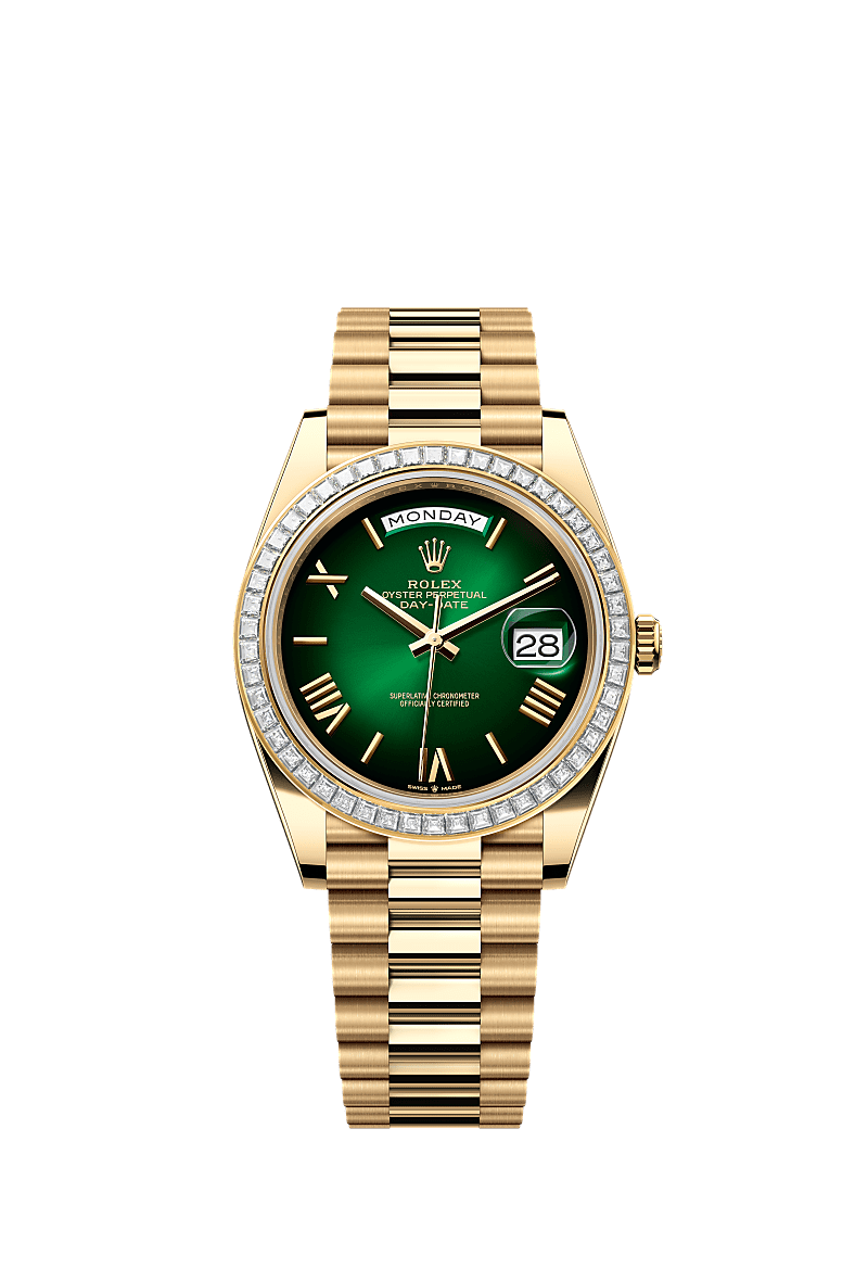 Day-Date 40, Oyster, 40 mm, emas kuning dan berlian, Permukaan : Ombre hijau, Rolex