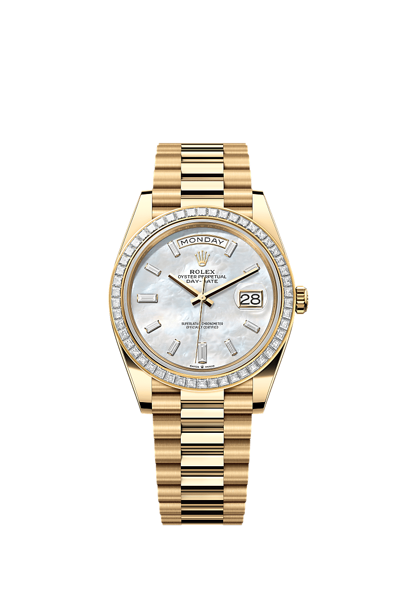 Day-Date 40, Oyster, 40 mm, geelgoud en diamanten, Wijzerplaat : Wit parelmoer, bezet met diamanten, Rolex