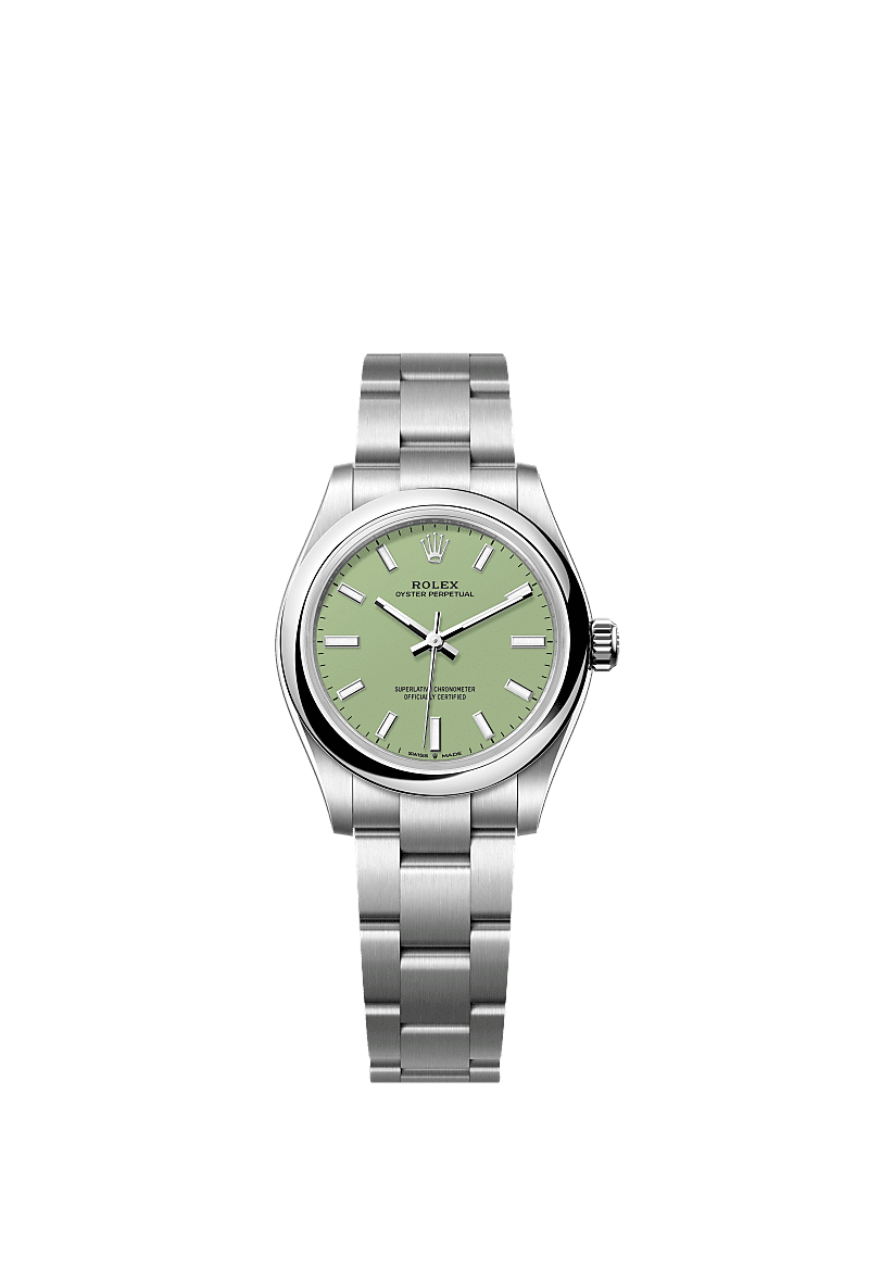 Oyster Perpetual 31, Oyster, 31 mm, Oystersteel, Permukaan : Pistasio, Rolex