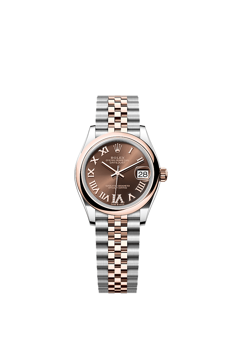 Datejust 31, Oyster, 31 mm, thép Oystersteel và vàng Everose, Mặt đồng hồ : Màu sô-cô-la, nạm kim cương, Rolex