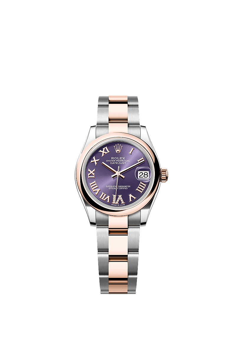 Datejust 31, Oyster, 31 mm, Oystersteel dan emas Everose, Dial : Tampilan <i>aubergine</i> dengan berlian, Rolex