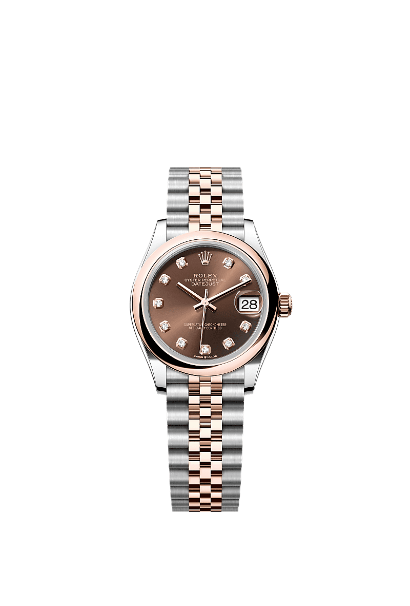 Datejust 31, 蠔式,31毫米,永恒玫瑰金及蠔式鋼, 錶面 : 巧克力色,鑲鑽石, Rolex