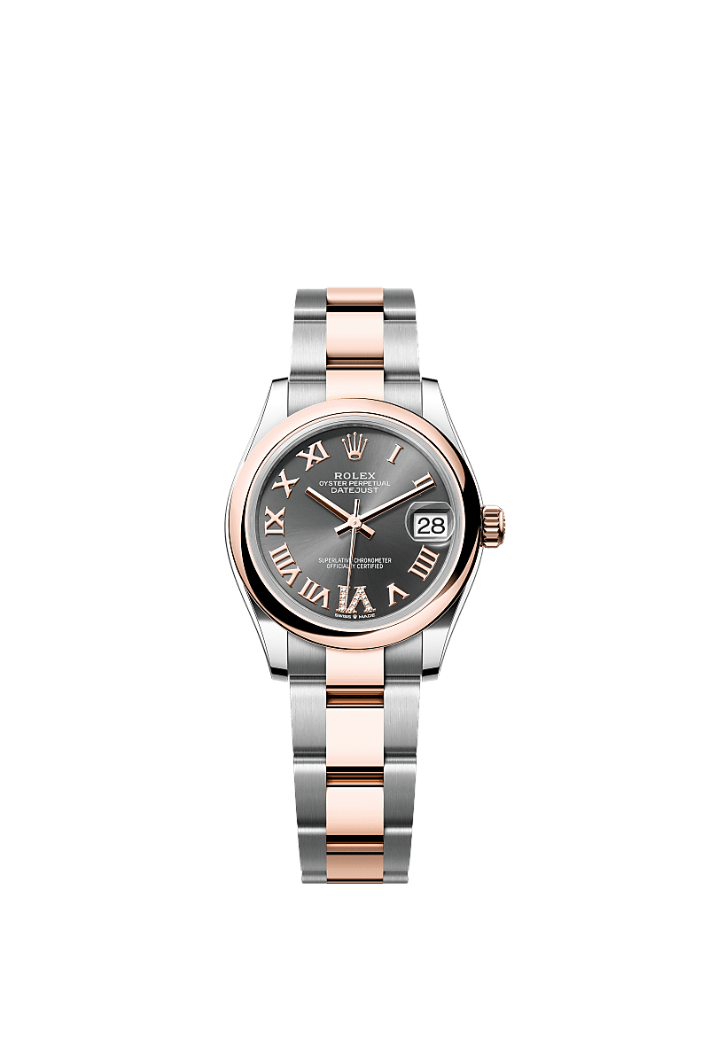 Datejust 31, 蠔式,31毫米,永恒玫瑰金及蠔式鋼, 錶面 : 石板灰色,鑲鑽石, Rolex