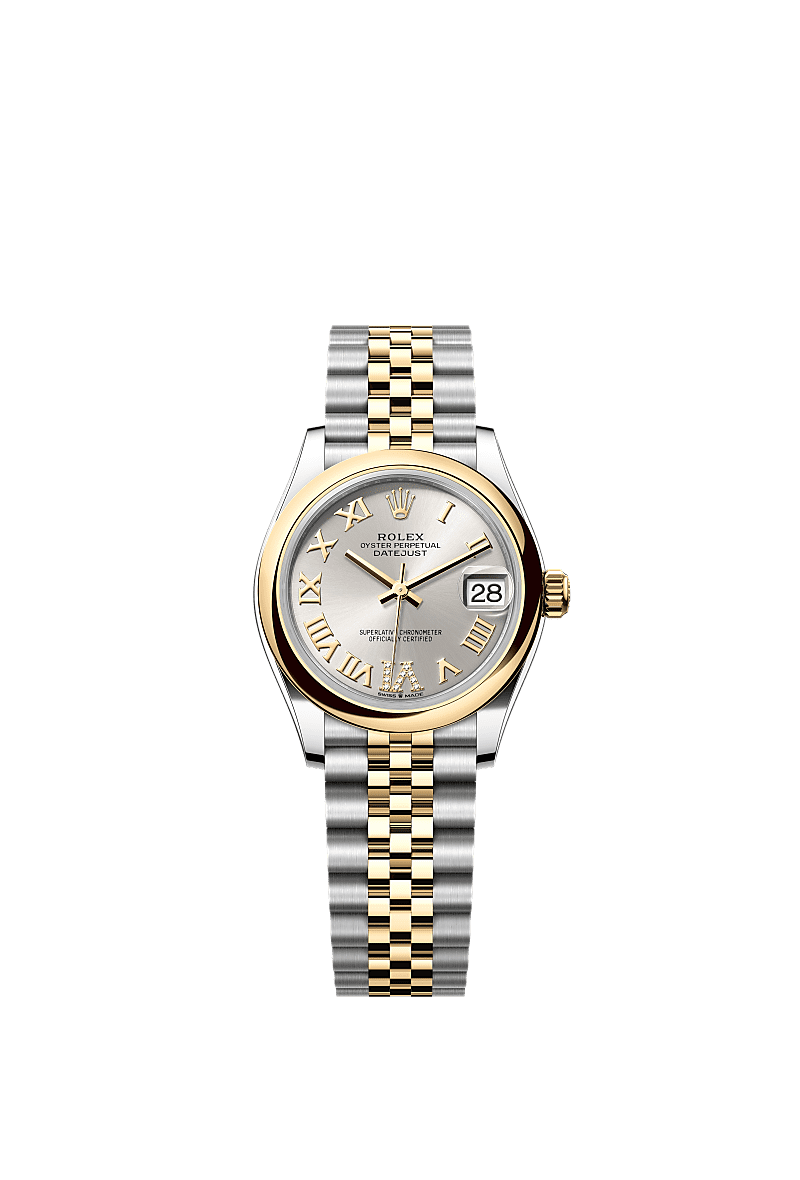 Datejust 31, Oyster, 31 mm, acier Oystersteel et or jaune, Cadran : Argenté, serti de diamants, Rolex