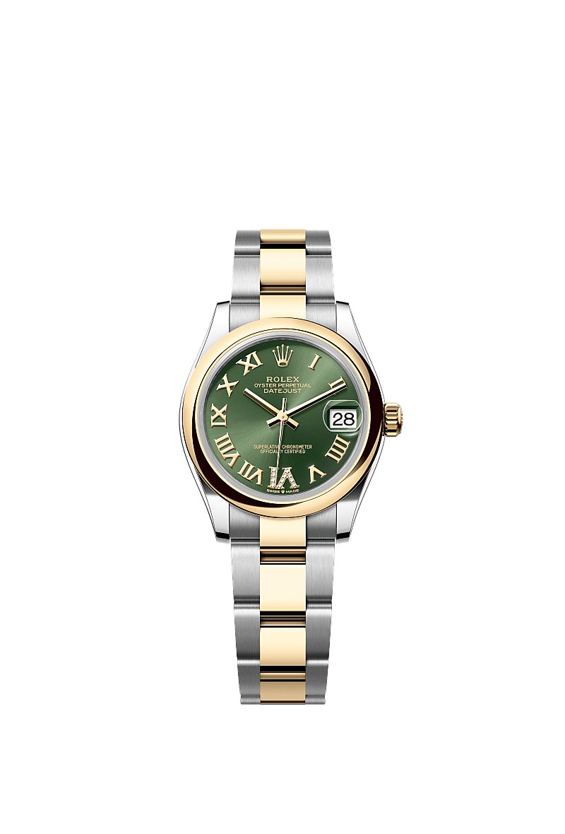 Datejust 31, Oyster, 31 mm, aço Oystersteel e ouro amarelo, Mostrador : Verde-oliva cravejado de diamantes, Rolex