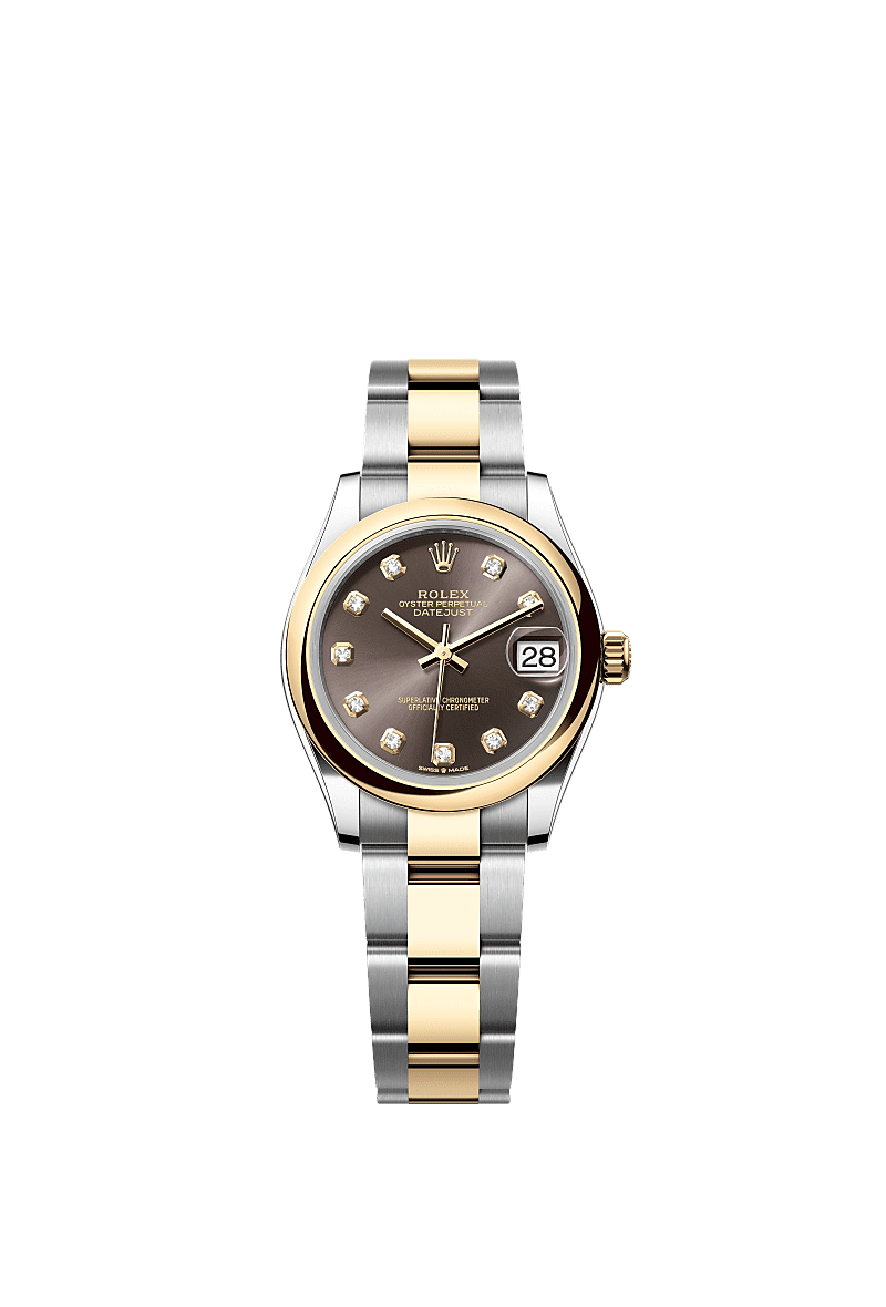Datejust 31, Oyster, 31 mm, acier Oystersteel et or jaune, Cadran : <i>Dark grey</i>, serti de diamants, Rolex