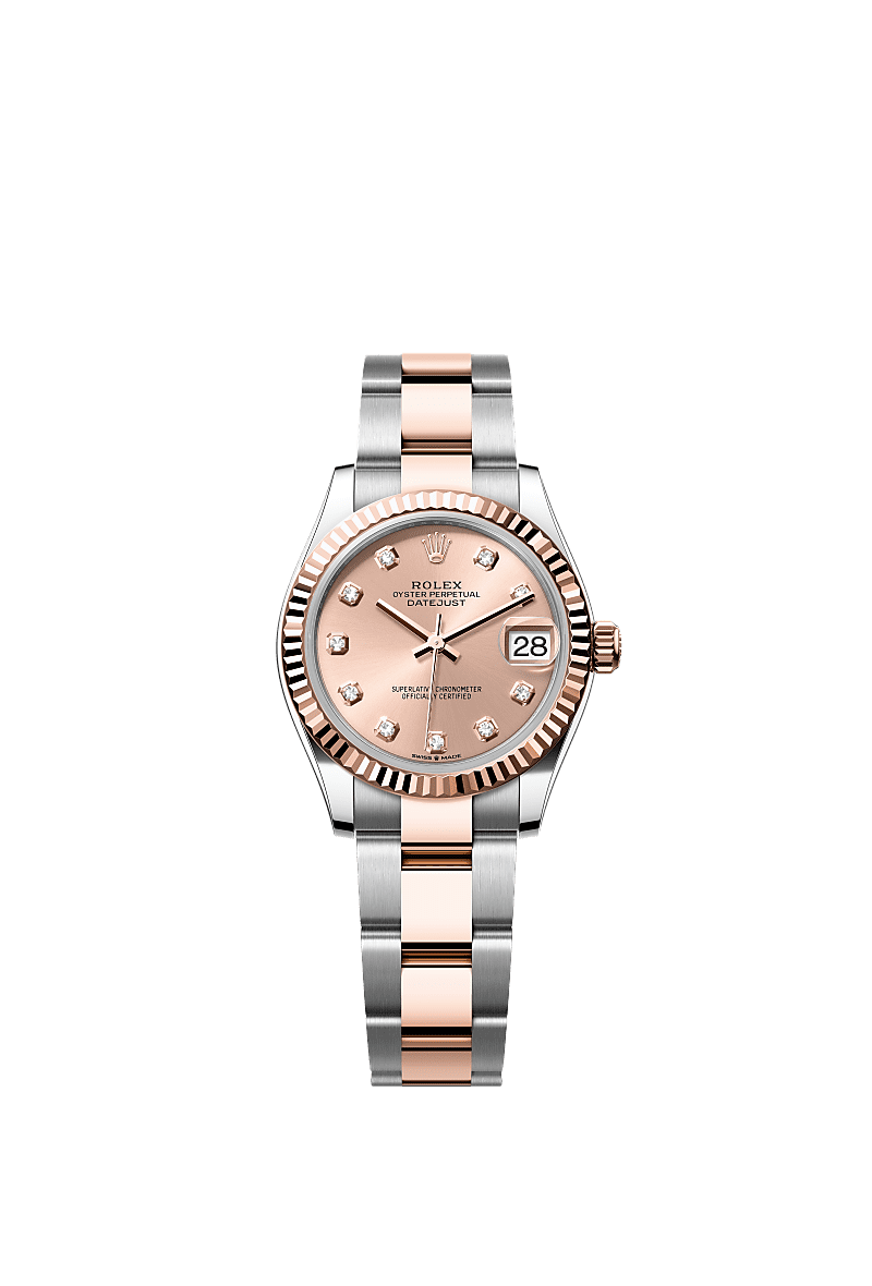 Datejust 31, Oyster, 31 mm, aço Oystersteel e ouro Everose, Mostrador : Cor rosé, cravejado de diamantes, Rolex