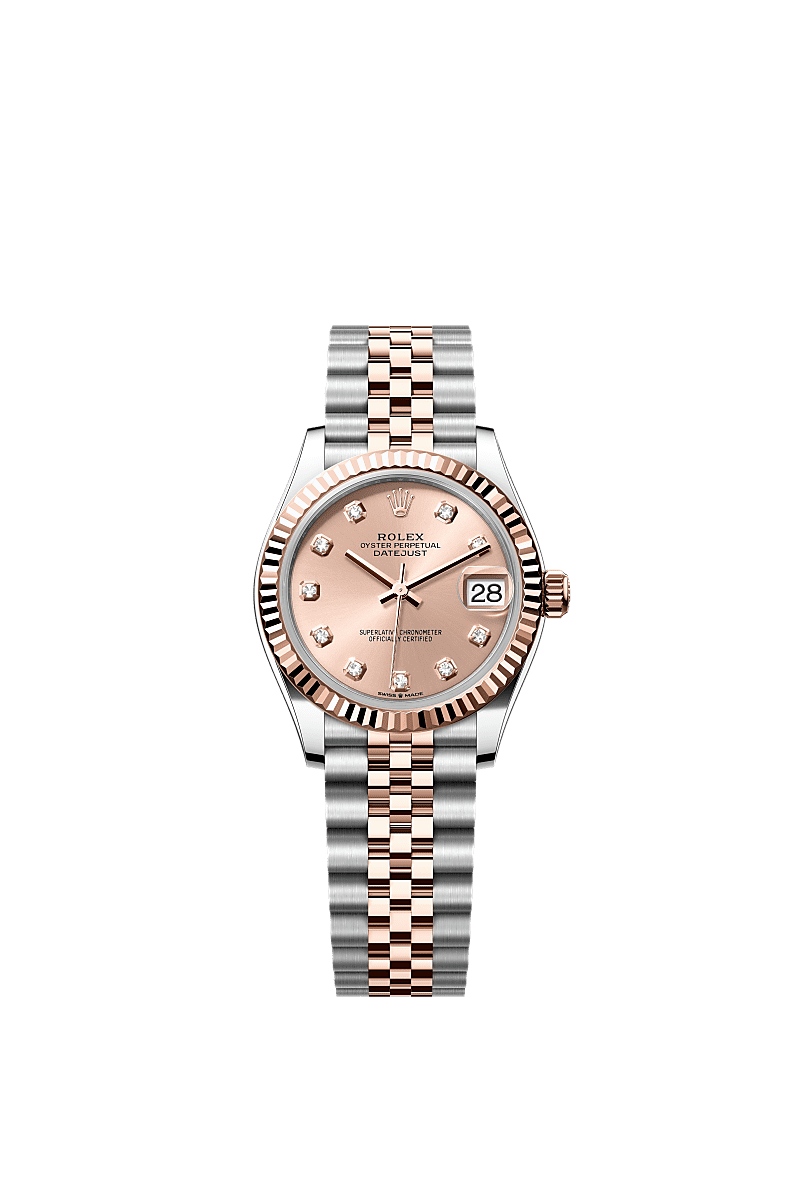 Datejust 31, 蠔式，31毫米，永恒玫瑰金及蠔式鋼, 錶面 : 玫瑰金色，鑲鑽石, Rolex