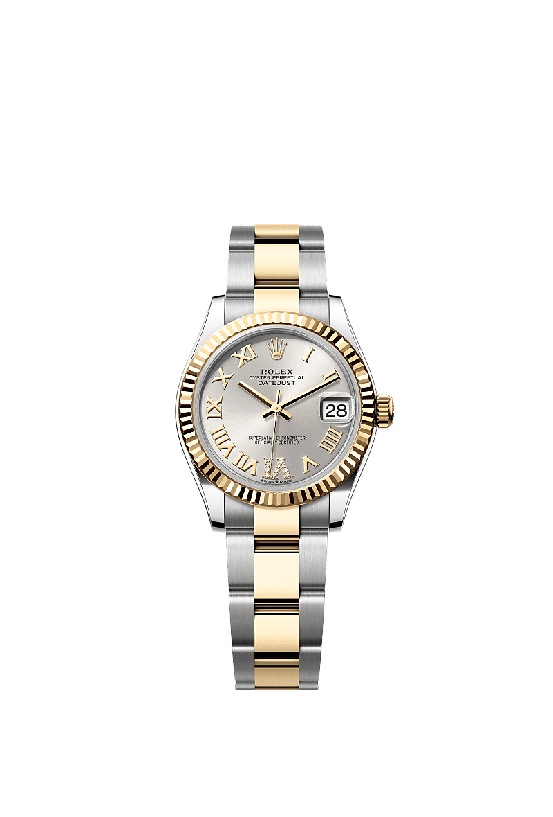 Datejust 31, 蠔式,31毫米,黃金及蠔式鋼, 錶面 : 銀色,鑲鑽石, Rolex
