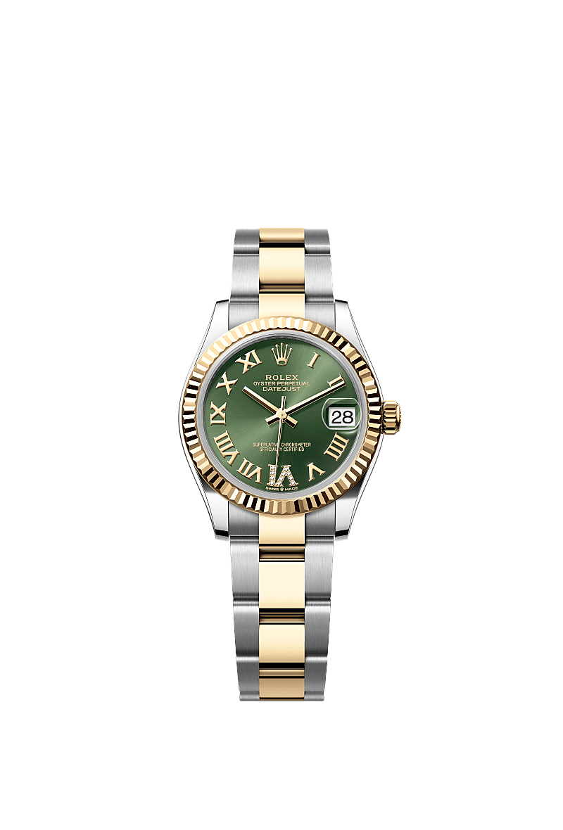 Datejust 31, 蠔式,31毫米,黃金及蠔式鋼, 錶面 : 橄欖綠色,鑲鑽石, Rolex