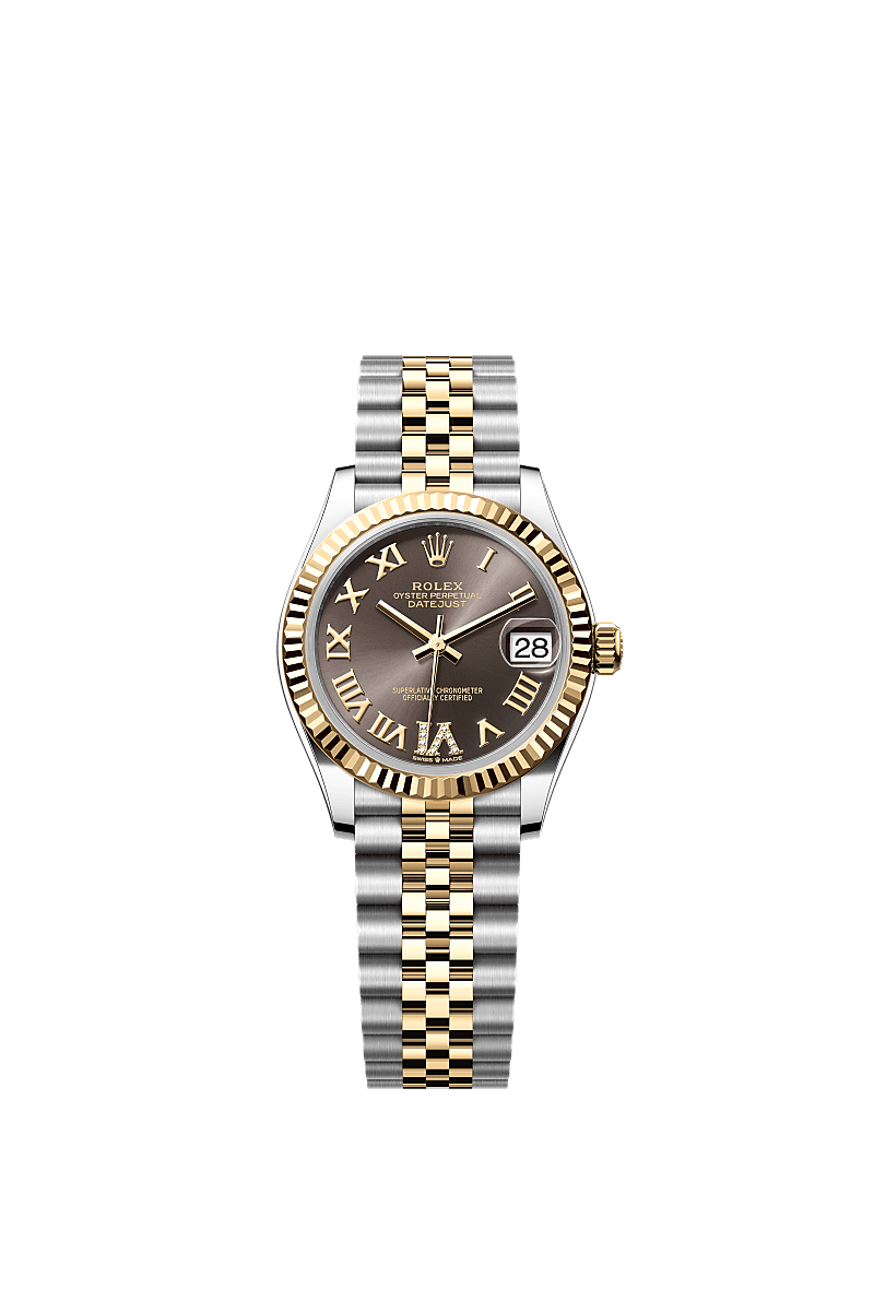 Datejust 31, 蠔式,31毫米,黃金及蠔式鋼, 錶面 : 深灰色,鑲鑽石, Rolex