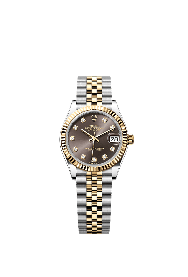 デイトジャスト 31, オイスター、31 mm、オイスタースチール&イエローゴールド, ダイアル : ダイヤモンド入り、ダークグレー, Rolex