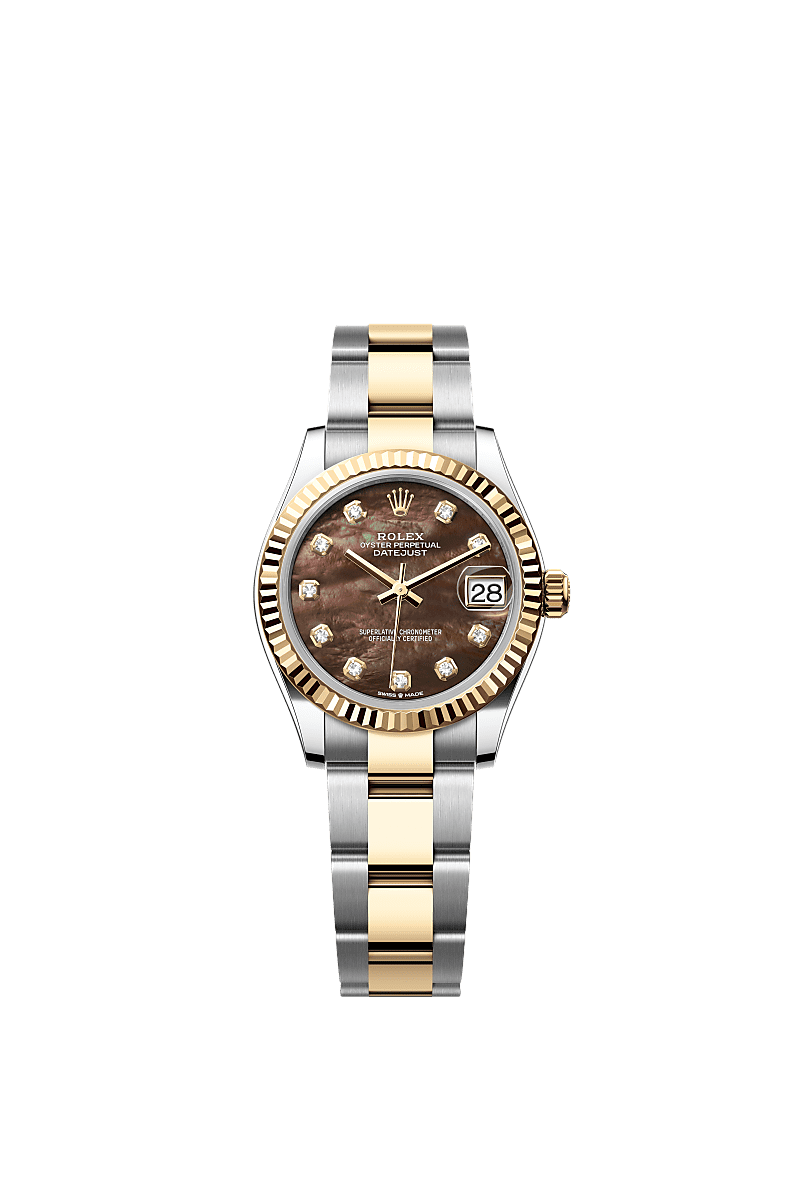 Datejust 31, 蠔式,31毫米,黃金及蠔式鋼, 錶面 : 黑色珍珠母,鑲鑽石, Rolex
