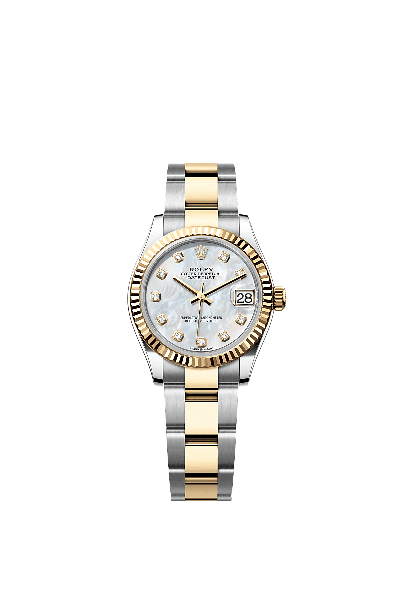 Datejust 31, 蠔式,31毫米,黃金及蠔式鋼, 錶面 : 白色珍珠母,鑲鑽石, Rolex