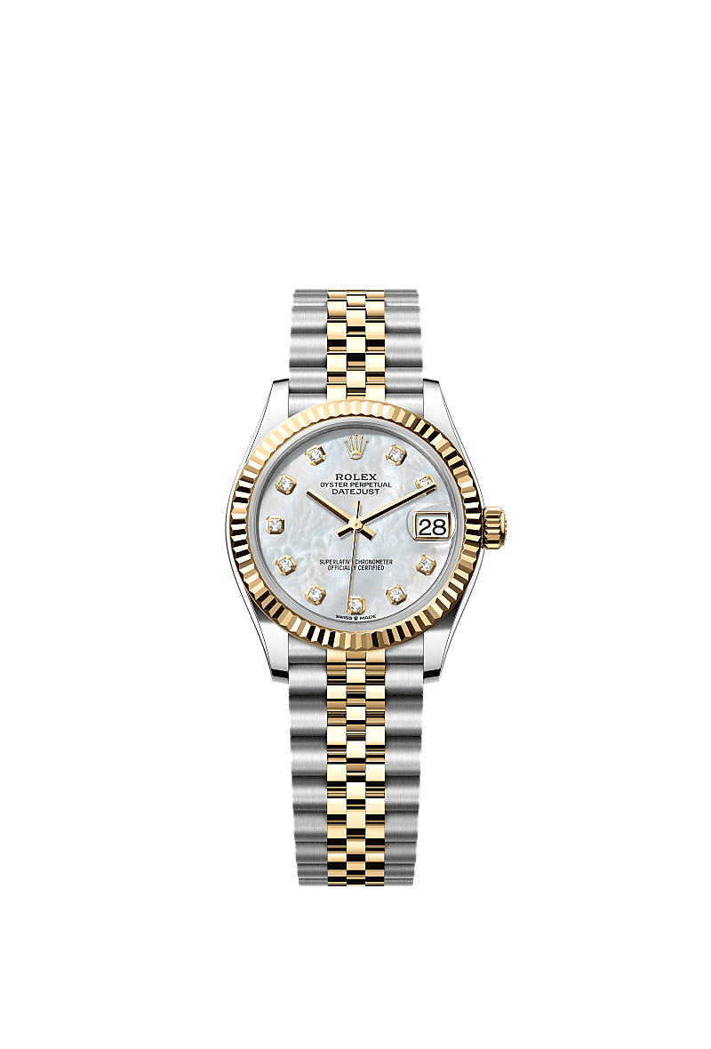 Datejust 31, 蠔式,31毫米,黃金及蠔式鋼, 錶面 : 白色珍珠母,鑲鑽石, Rolex