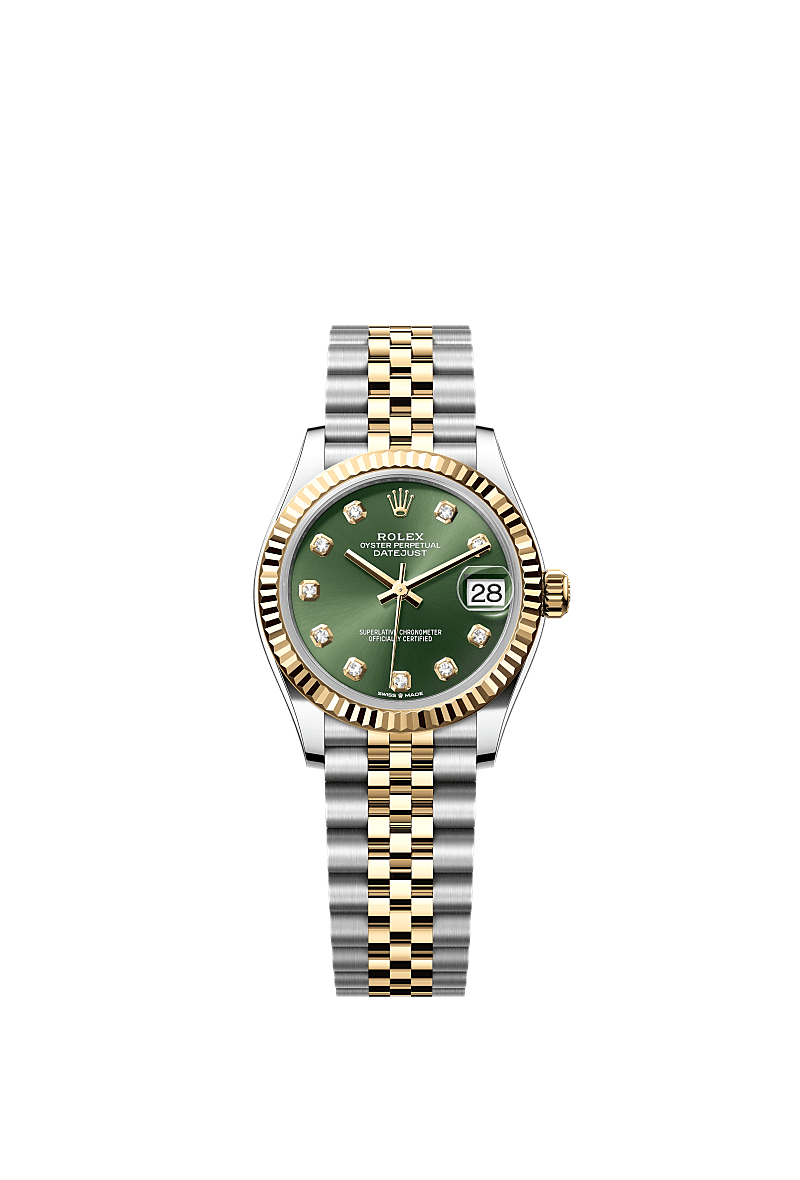 Datejust 31, Oyster, 31 mm, Oystersteel en geelgoud, Wijzerplaat : Olijfgroen bezet met diamanten, Rolex