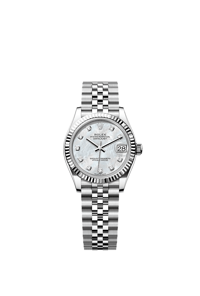 デイトジャスト 31, オイスター、31 mm、オイスタースチール&ホワイトゴールド, ダイアル : ダイヤモンド入りホワイトマザーオブパール, Rolex