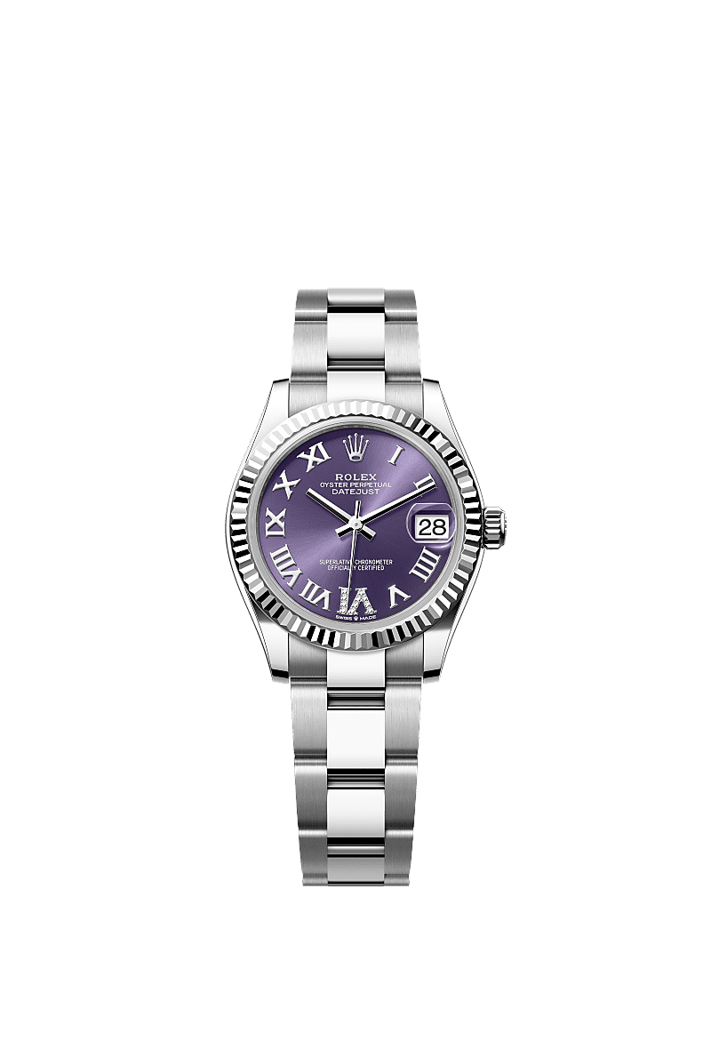 Datejust 31, 蠔式,31毫米,白色黃金及蠔式鋼, 錶面 : 茄紫色,鑲鑽石, Rolex