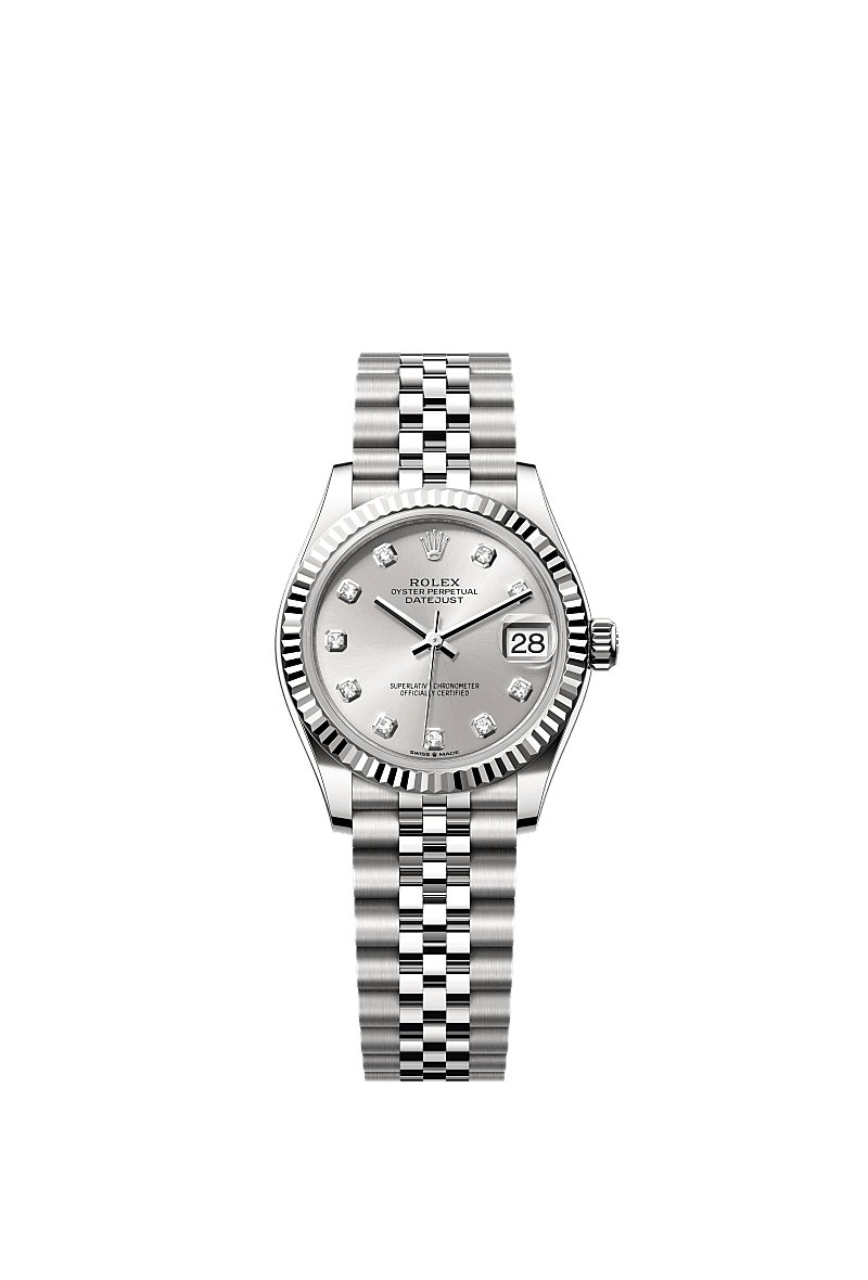 Datejust 31, Oyster, 31 mm, aço Oystersteel e ouro branco, Mostrador : Prateado cravejado de diamantes, Rolex