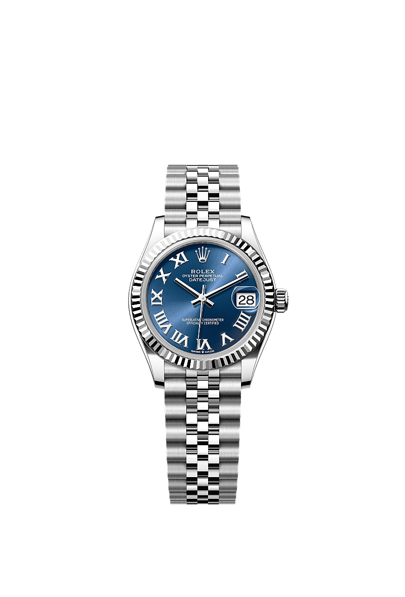 Datejust 31, 蠔式,31毫米,白色黃金及蠔式鋼, 錶面 : 亮藍色, Rolex