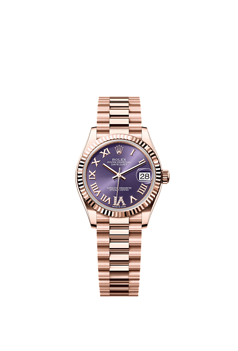 Datejust 31, Oyster, 31 mm, Everose gold, Dial : Aubergine set with diamonds, Rolex