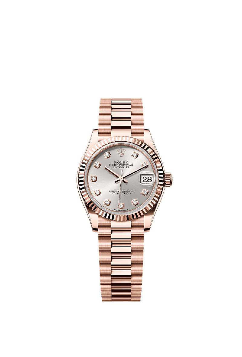 Datejust 31, Oyster, 31 mm, emas Everose, Dial : Tampilan perak dengan berlian, Rolex