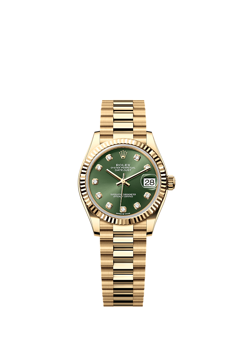 Datejust 31, Oyster, 31 mm, or jaune, Cadran : Vert olive, serti de diamants, Rolex