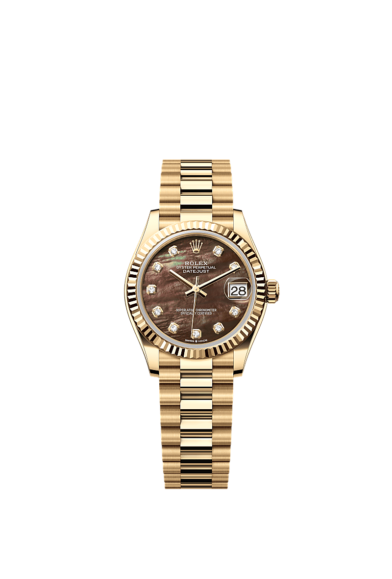 Datejust 31, Oyster, 31 mm, ouro amarelo, Mostrador : Madrepérola preta cravejado de diamantes, Rolex