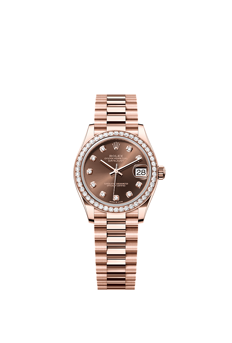 Datejust 31, Oyster, 31 mm, Everose-goud en diamanten, Wijzerplaat : Chocoladebruin bezet met diamanten, Rolex