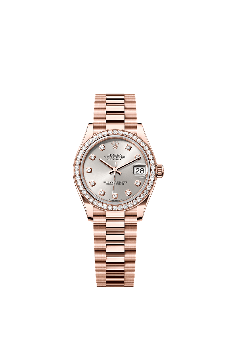 Datejust 31, Oyster, 31 mm, ouro Everose e diamantes, Mostrador : Prateado cravejado de diamantes, Rolex