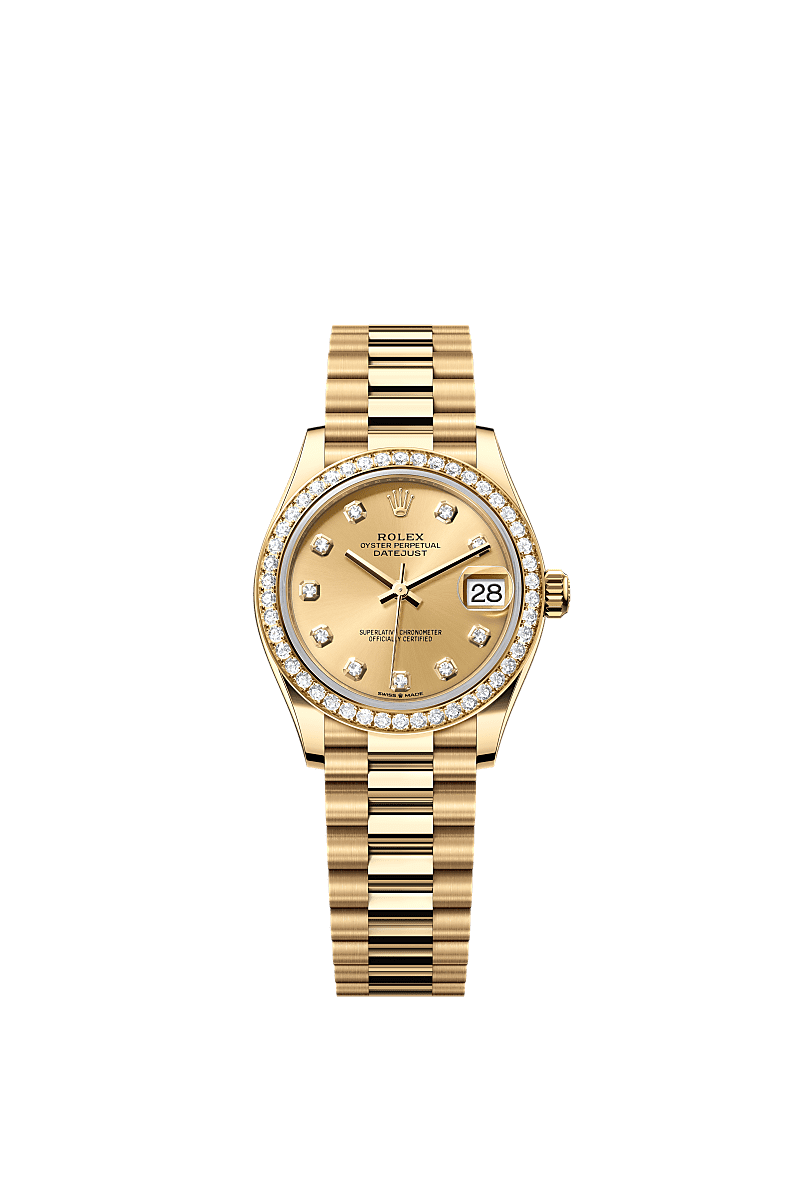 Datejust 31, Oyster, 31 mm, or jaune et diamants, Cadran : Couleur champagne, serti de diamants, Rolex
